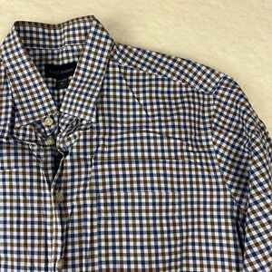 SCOTT BARBER Mens XL Gingham Check Long Sleeve Button Up 100% Cotton Blue Brown
